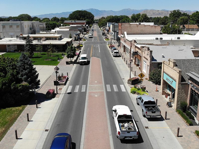 Looking down Lehi Main Street Historic District toward the mountains, Lehi, Utah