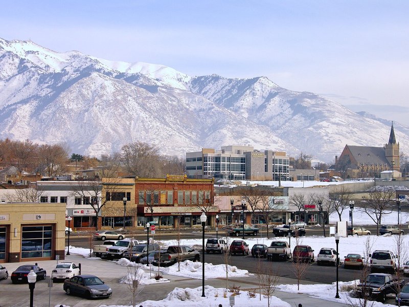 Downtown Ogden, Utah with the Wasatch Mountains beyond