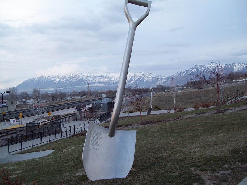 Shovel sculpture at Roy Station, Roy, Utah
