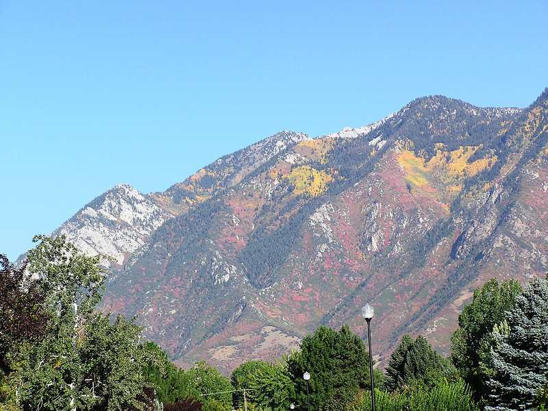 Wasatch Mountains with autumn foliage, viewed from a Sandy, Utah neighborhood