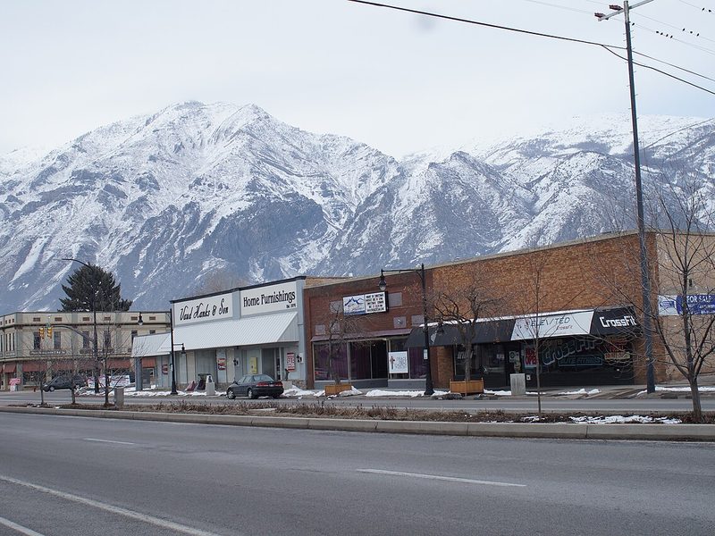 Springville Main Street with Wasatch Mountains beyond, Springville, Utah